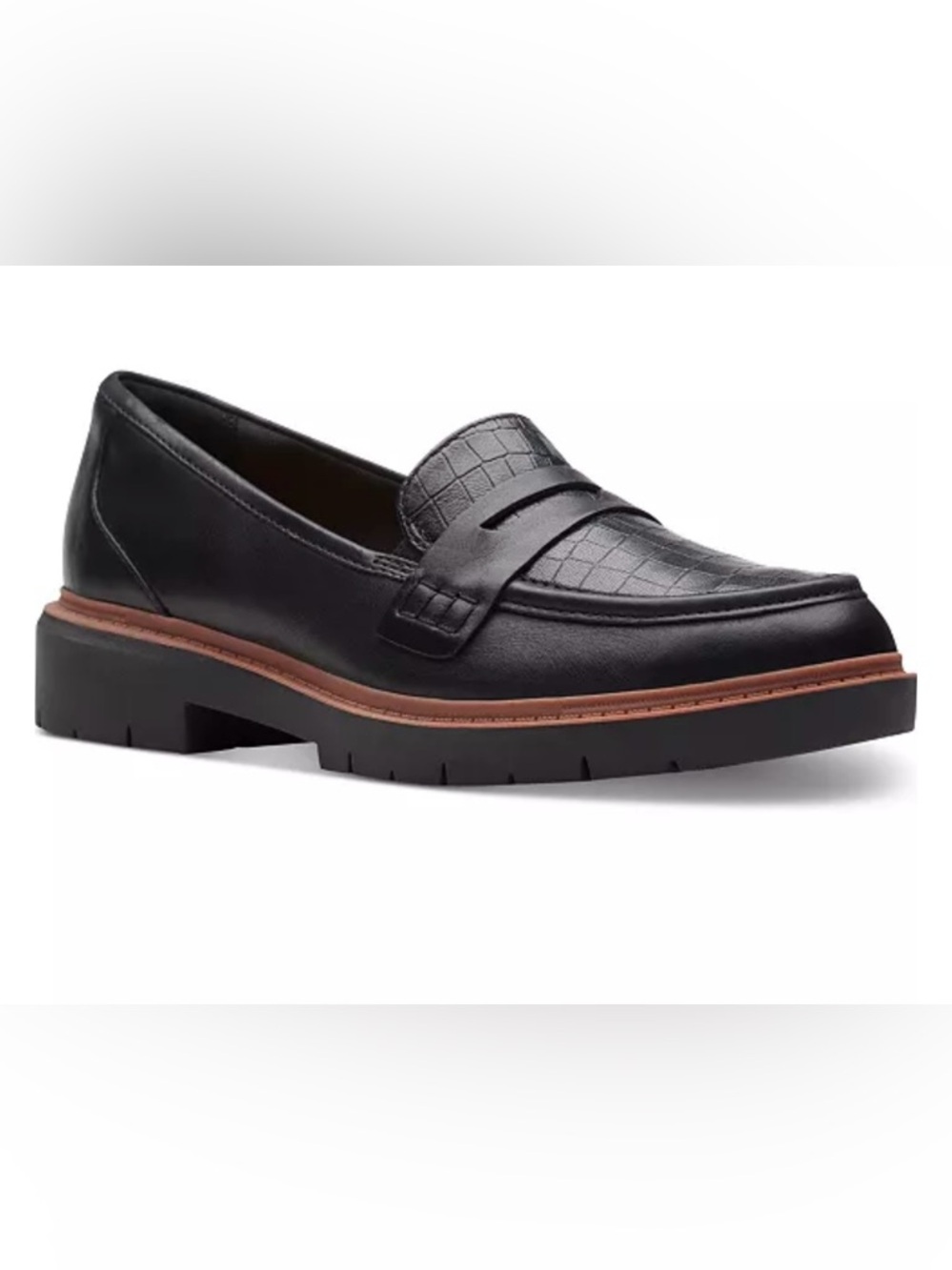 Clarks Black Leather Penny Loafer with Brown Trim